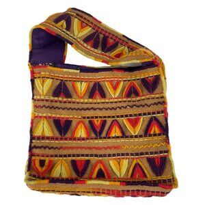 Vintage Handmade Colorful Yarn Embroidered Burlap Lined Tote Bag